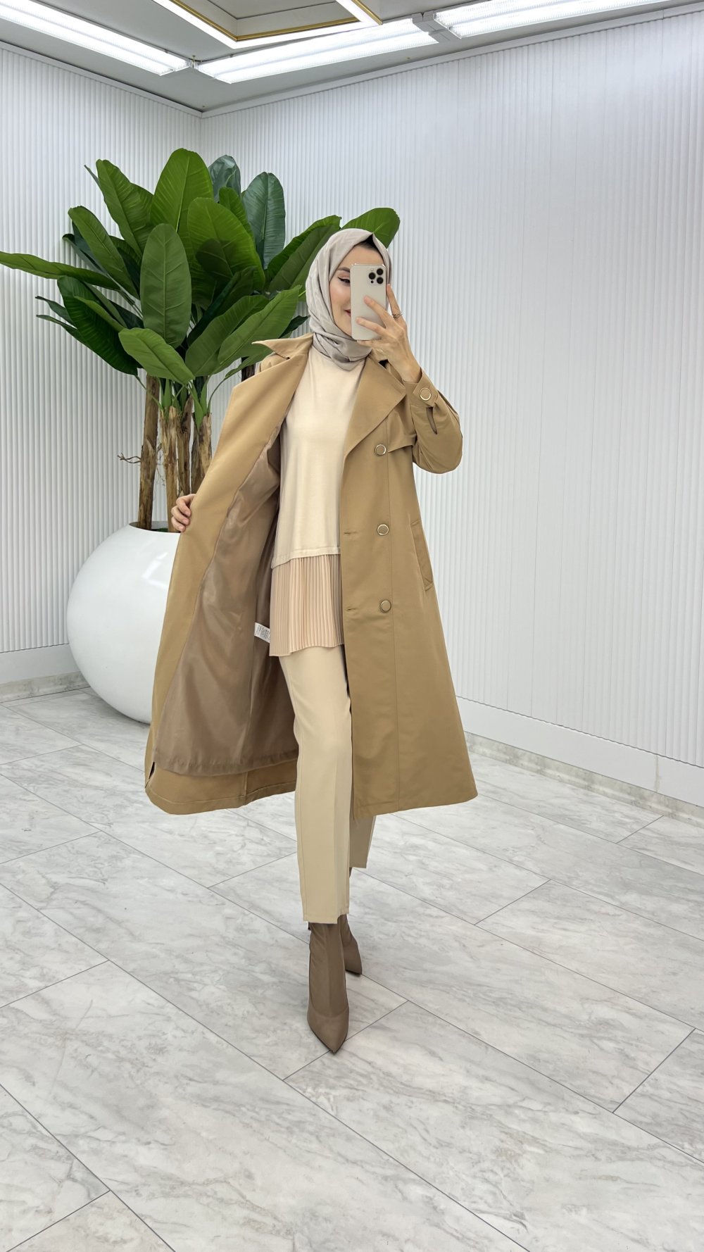 Camel Premium Astarlı Eylem Trench Tesettür Giyim 