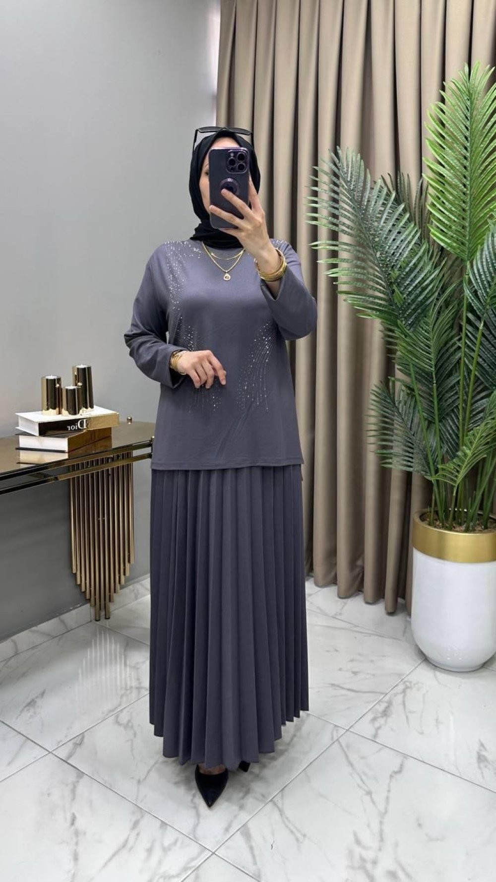 Alya Taşlı Takım Gri