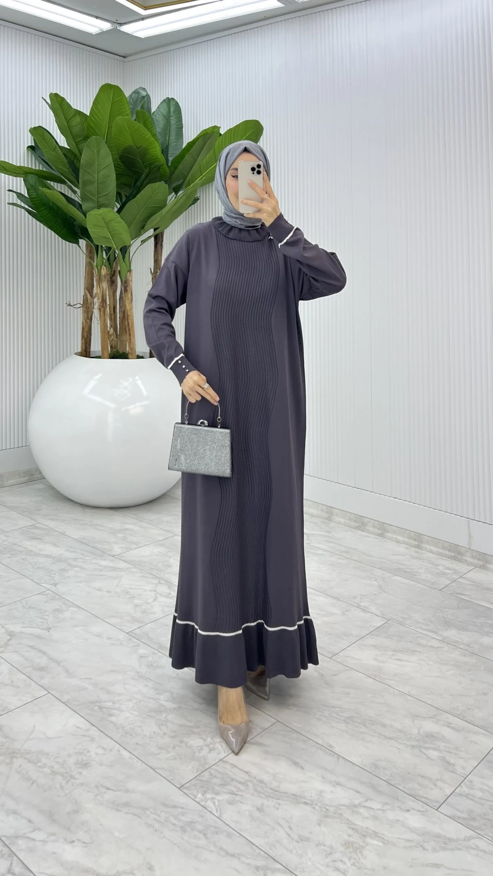 Antrasit Bensu Triko Elbise Tesettür Giyim 