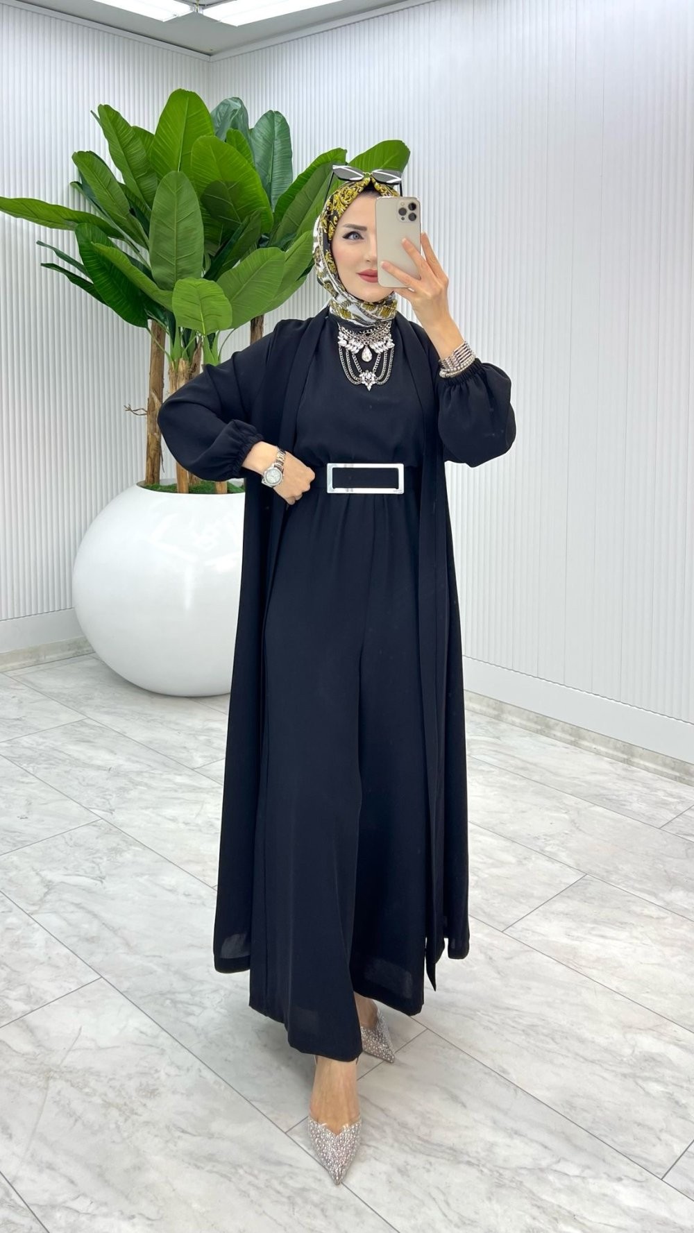 Siyah Premium Silva Tulumlu Abaya Takım Tesettür Giyim