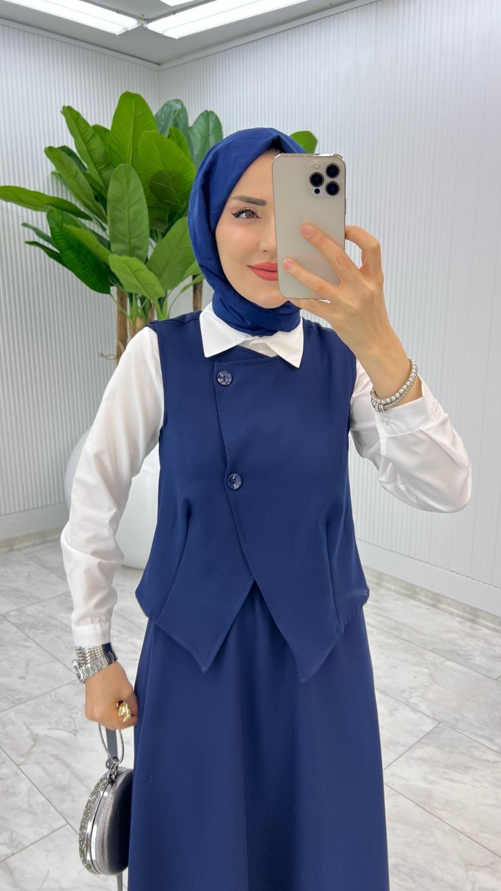 Lacivert Kemerli Selvi Takım Tesettür Giyim