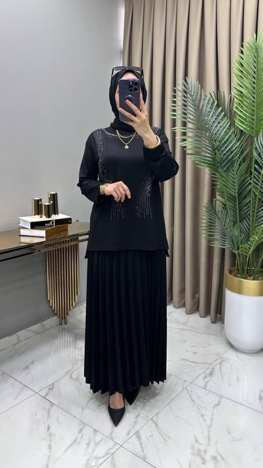 Alya Taşlı Takım Siyah
