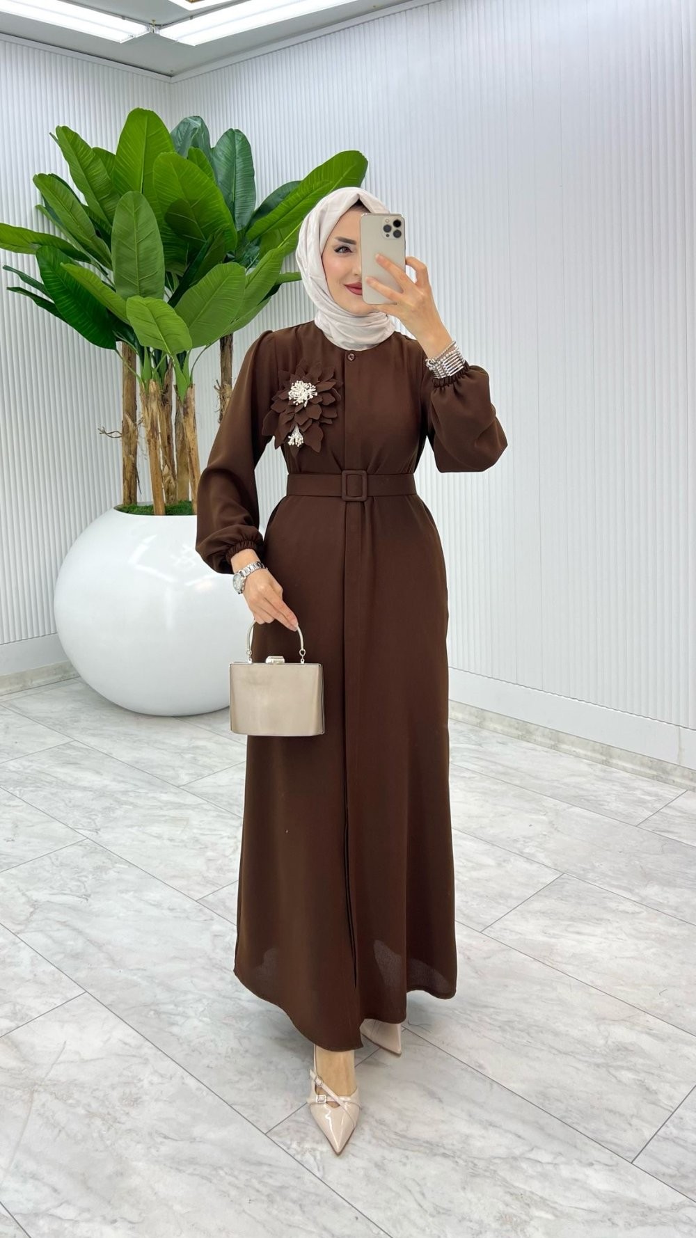 Kahve Premium Yasemin Ferace Tesettür Giyim
