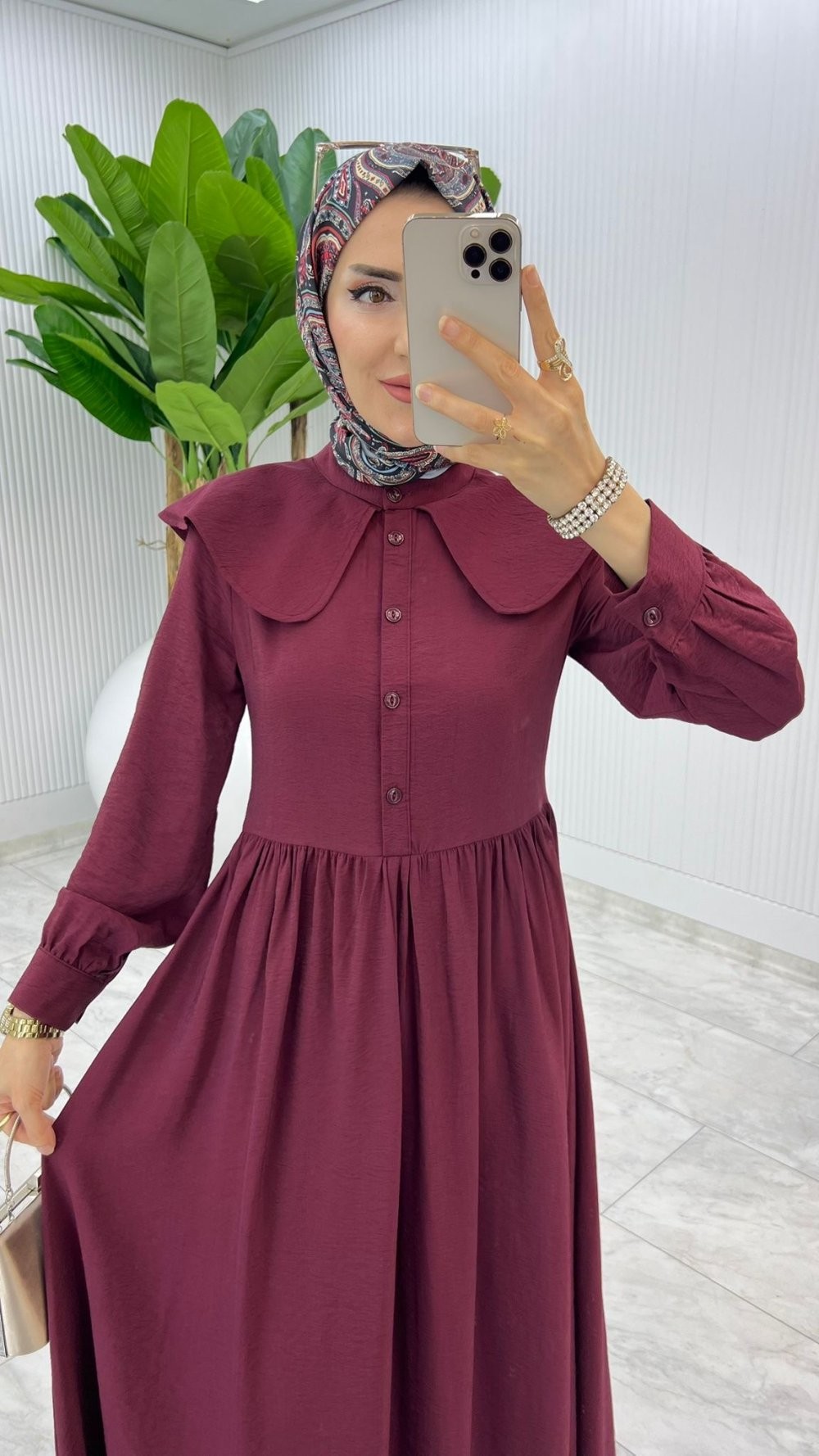 Bordo Premium Bebe Yaka Elbise Tesettür Giyim