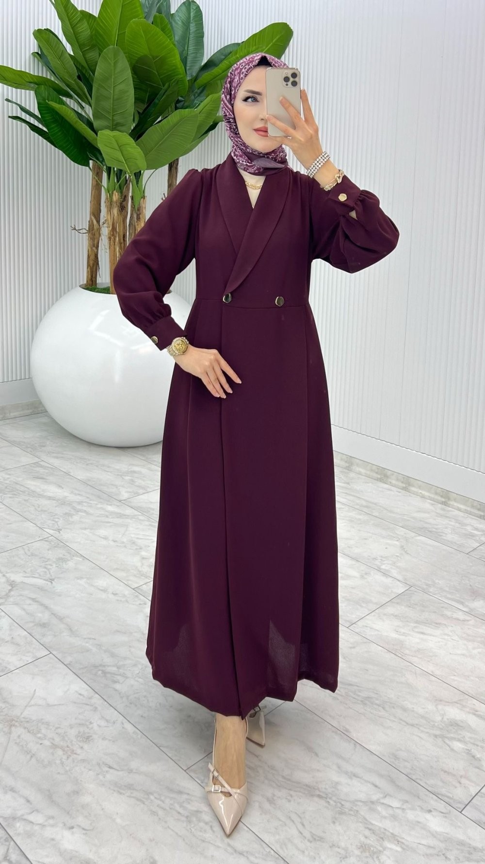 Bordo Premium Lal Ferace Elbise Tesettür Giyim
