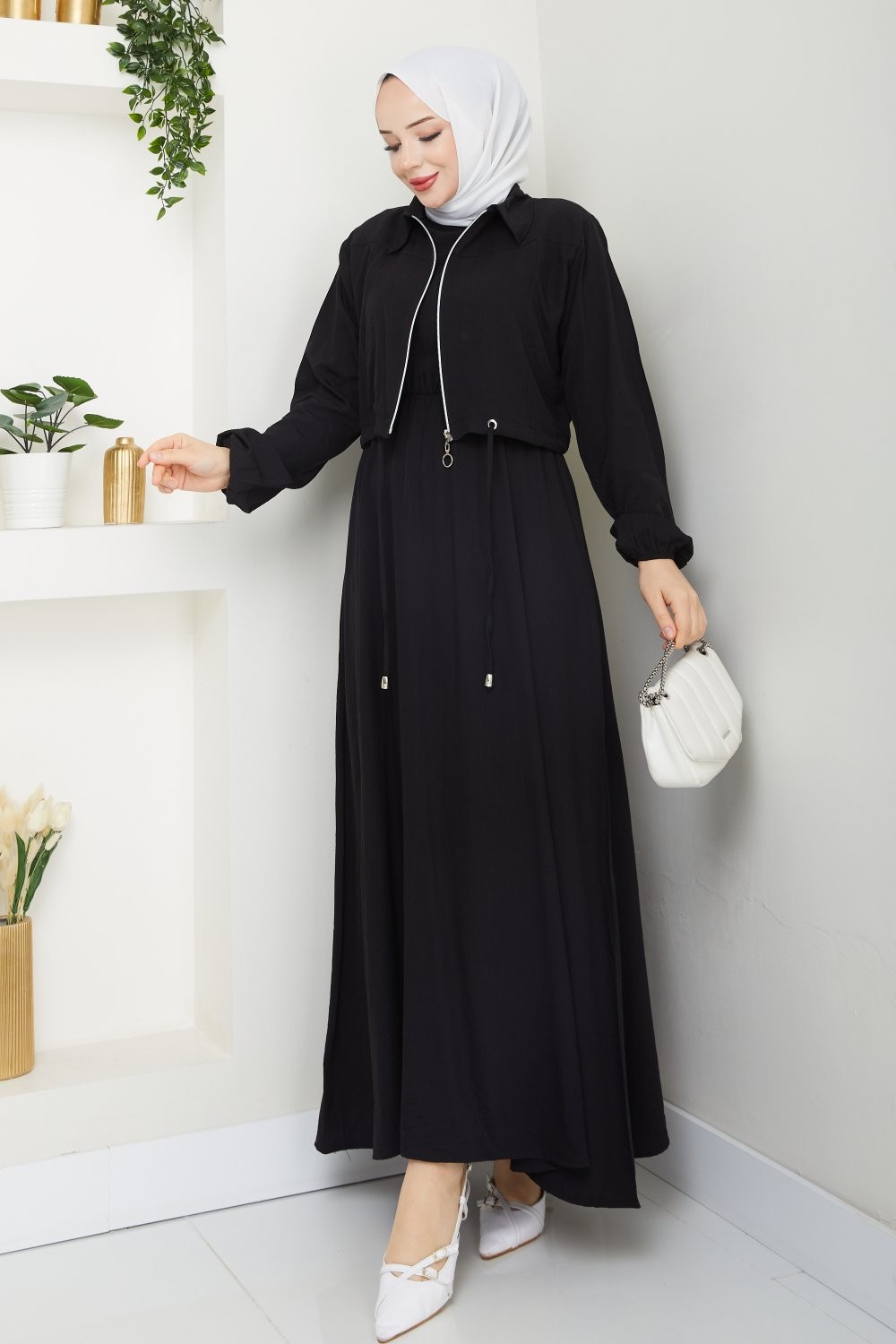 Siyah Moda Fermuar Elbise Takım