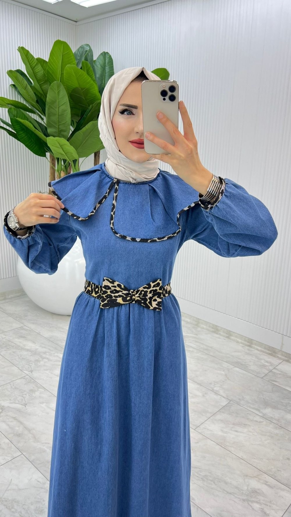 Leopar Premium Fiyınklu Kot Elbise Tesettür Giyim