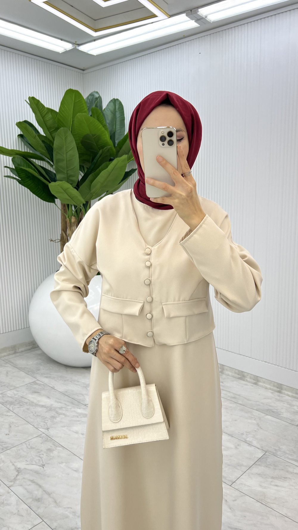 Krem  Hasibe Elbise Takım Tesettür Giyim 