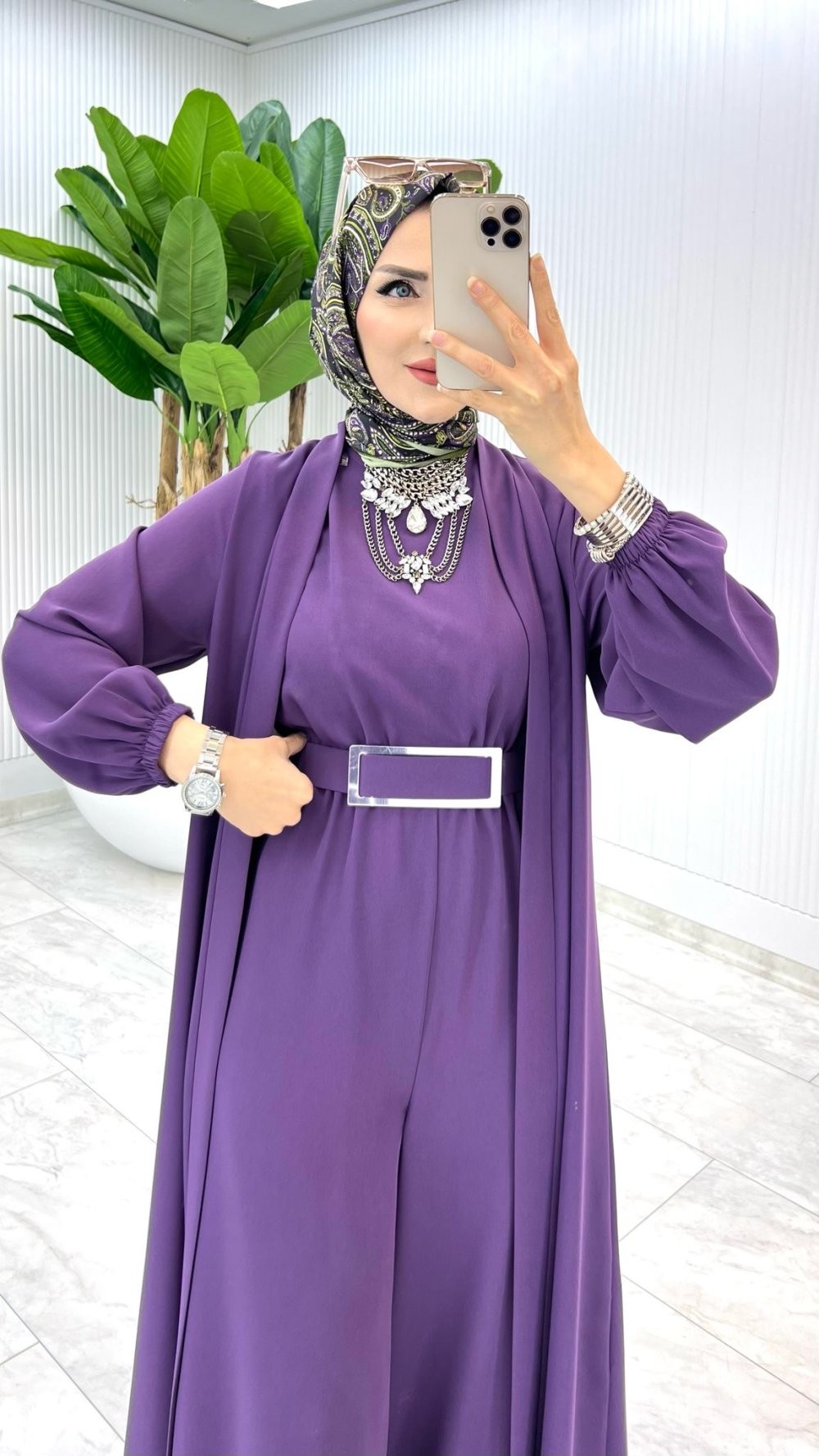 Mürdüm Premium Silva Tulumlu Abaya Takım Tesettür Giyim
