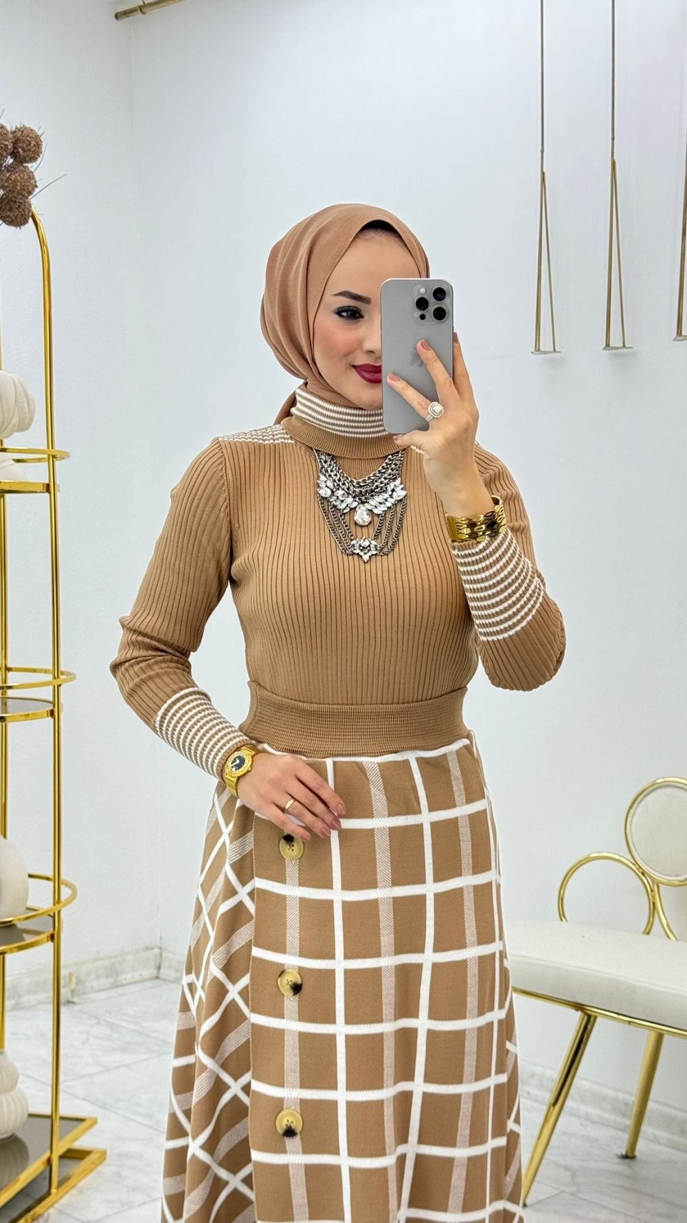 Camel Ekose Etek Takım Tesettür Giyim