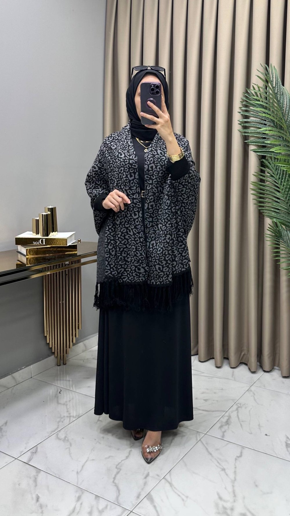 Leopar Kollu Şal Panço Siyah
