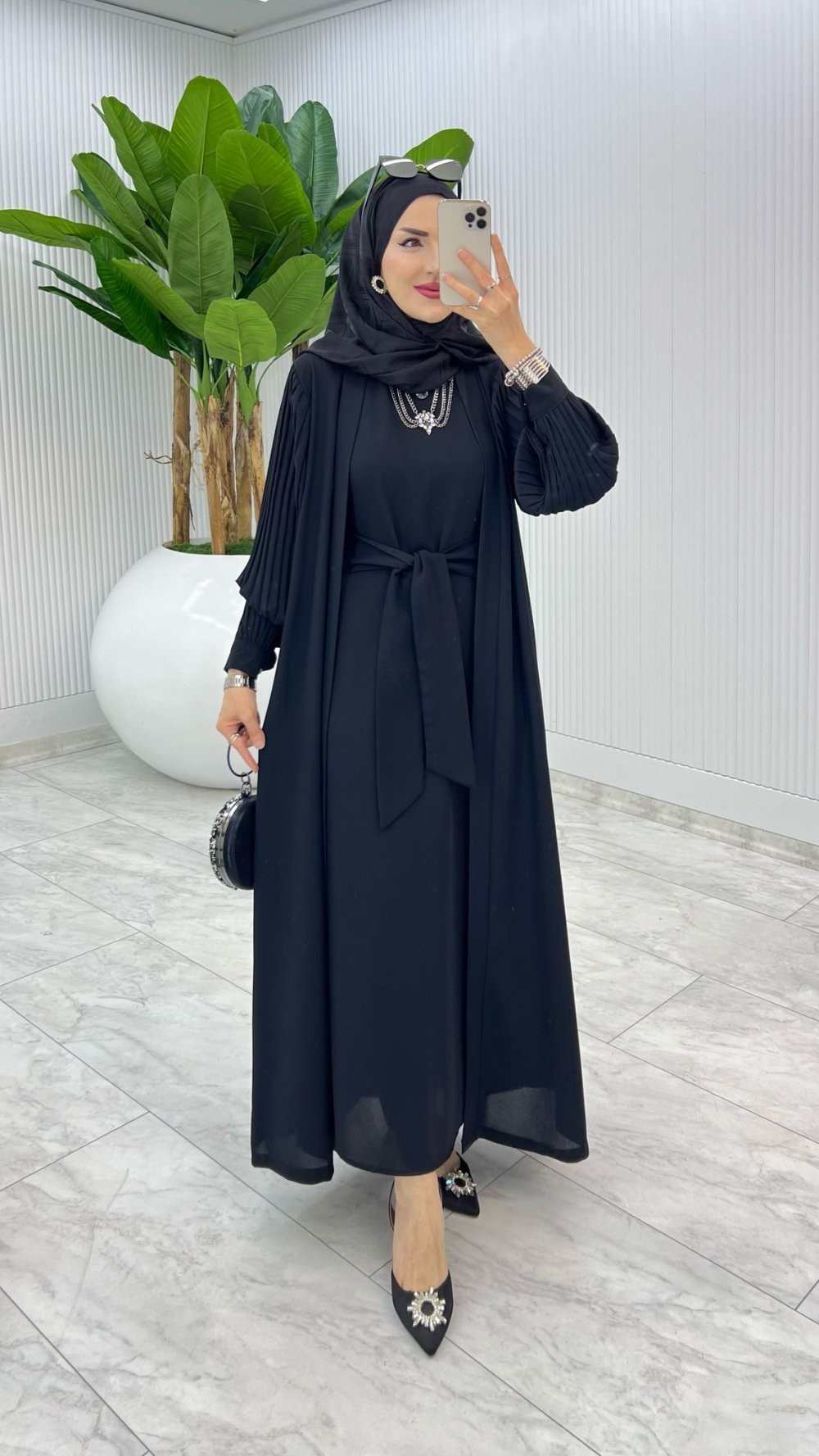 Siyah Premium Melek Abaya Takım Tesettür Giyim