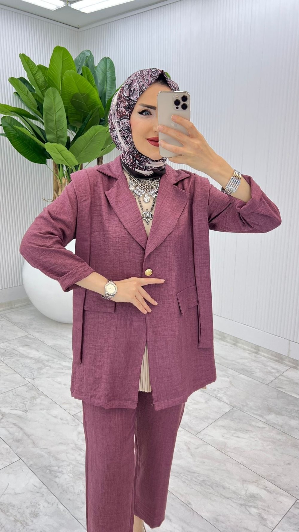 Gül Tek Düğme Ceket Takım Tesettür Giyim