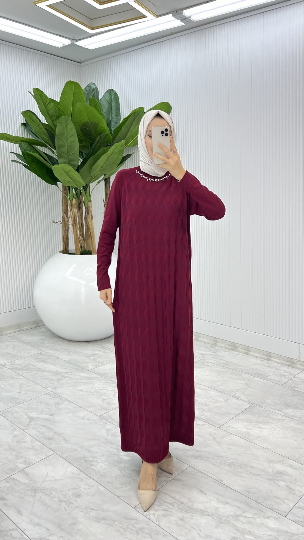 Bordo  İzel Triko Elbise Tesettür Giyim 