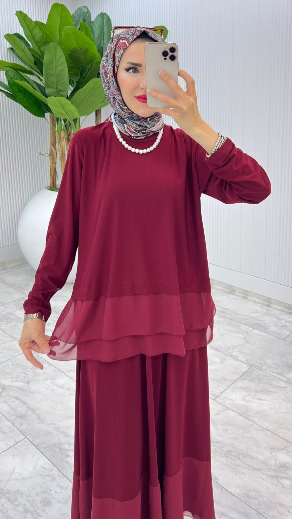 Bordo Premium Aksu Etek Takım Tesettür Giyim
