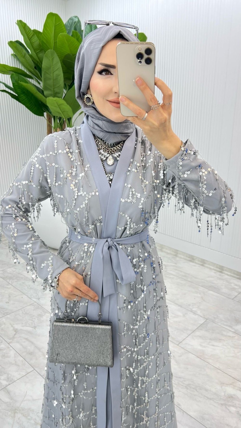 Gri Karen Tasarım Abaya Takım Tesettür Giyim