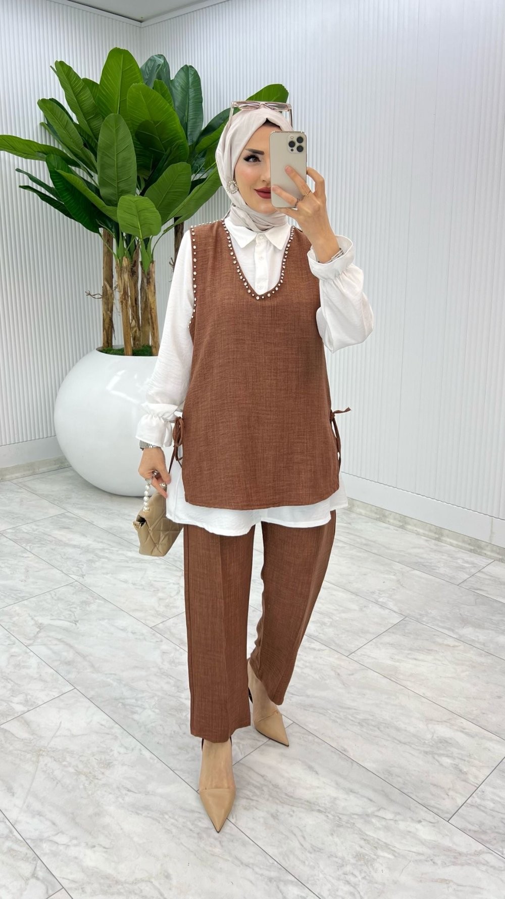 Kahve Üçlü Çağla Takım Tesettür Giyim