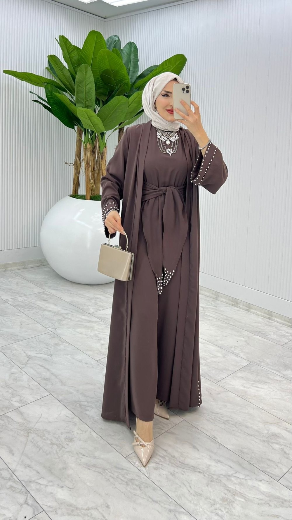 Kahve Premıum Faya Abaya Tulum Takım Tesettür Giyim