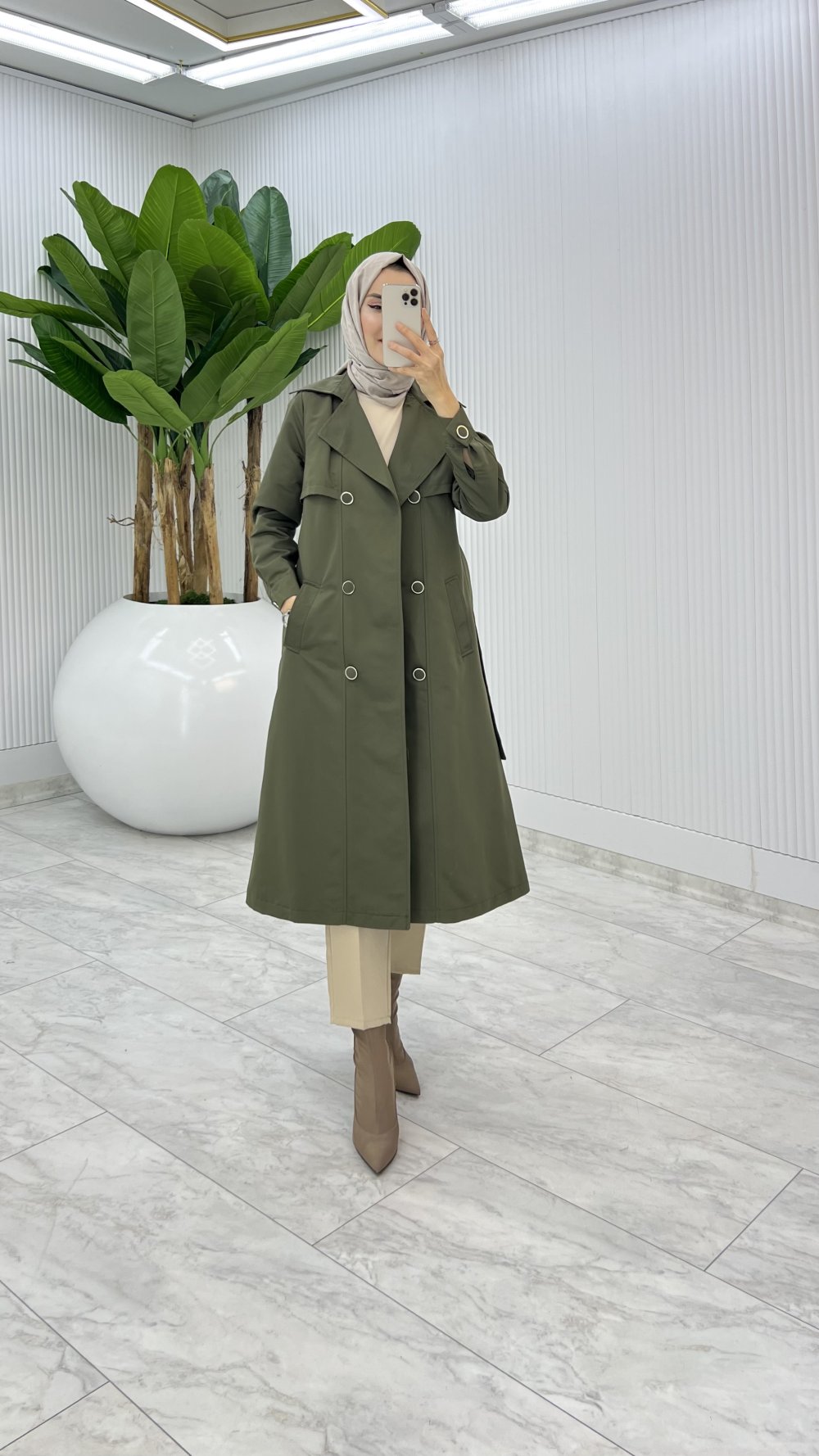Haki Premium Astarlı Eylem Trench Tesettür Giyim 