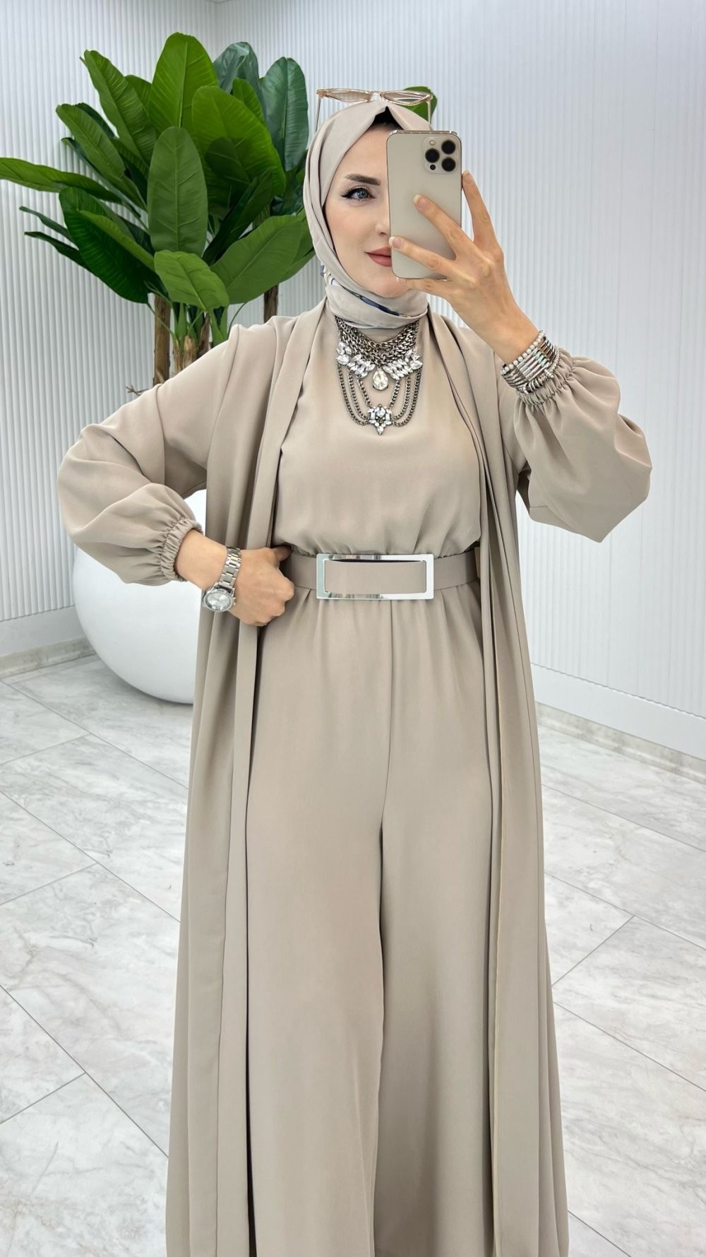 Taş Premium Silva Tulumlu Abaya Takım Tesettür Giyim