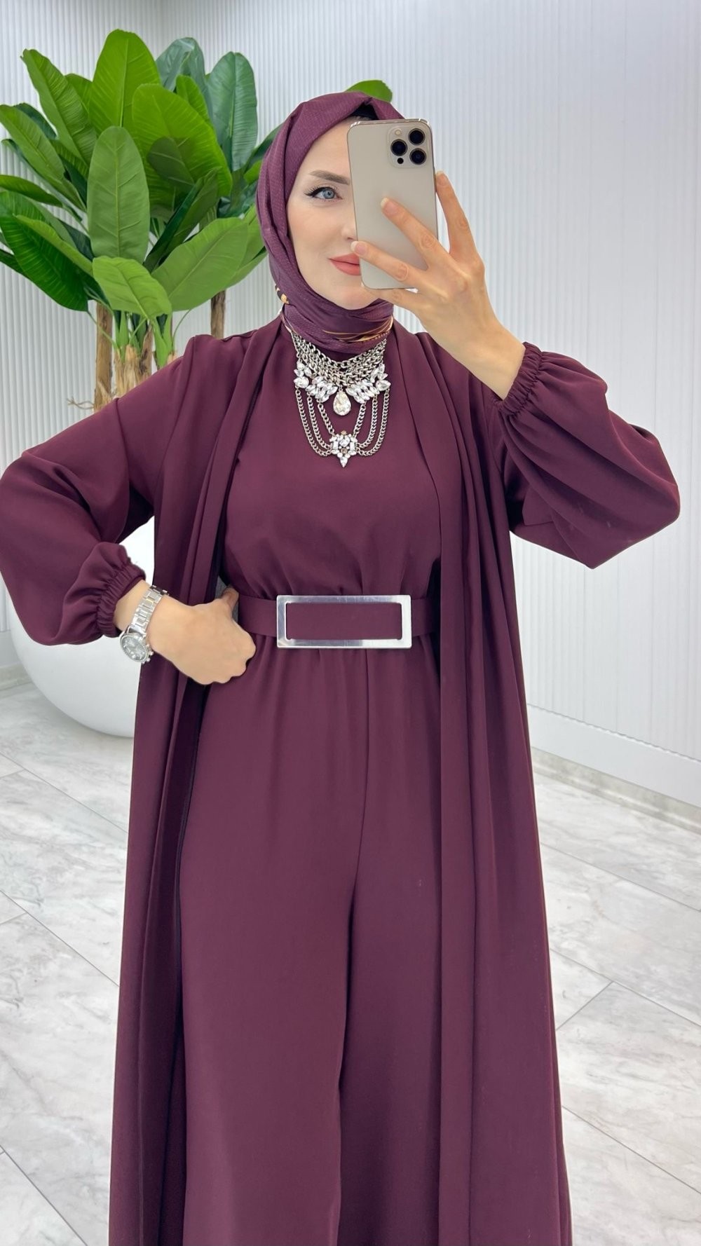 Bordo Premium Silva Tulumlu Abaya Takım Tesettür Giyim