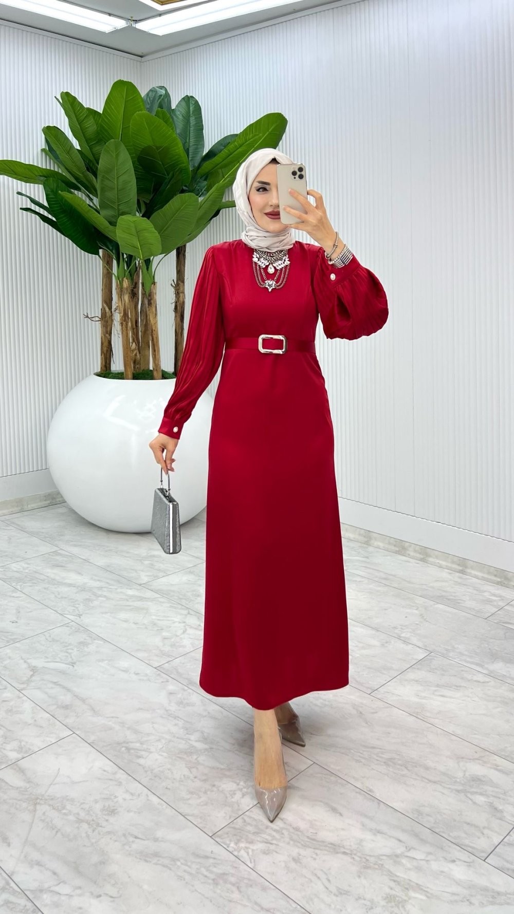 Kırmızı Belçim Elbise Tesettür Giyim