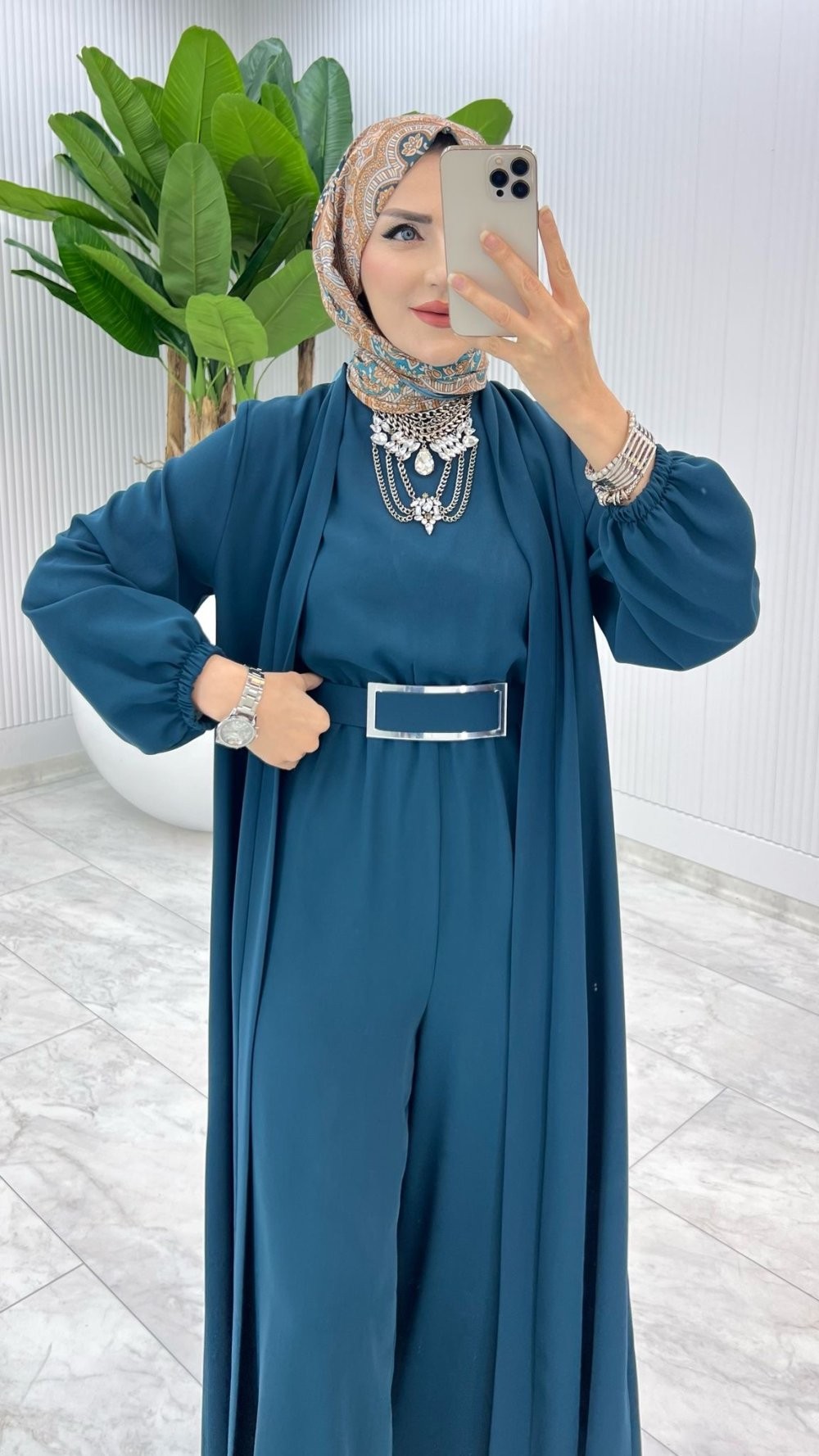 Petrol Premium Silva Tulumlu Abaya Takım Tesettür Giyim