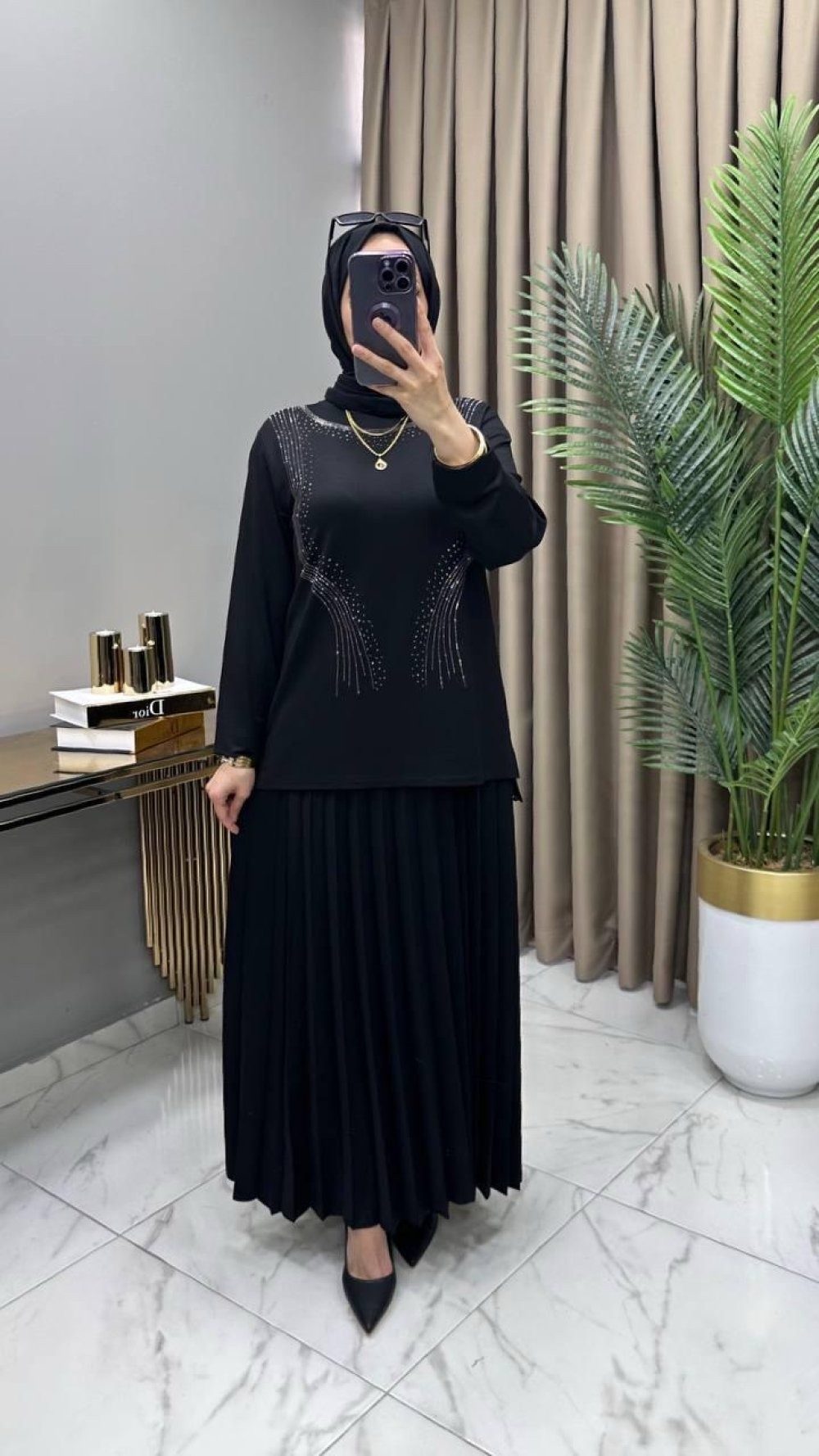 Alya Taşlı Takım Siyah