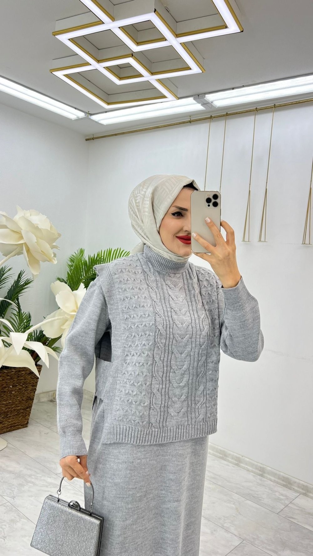 Gri Damla Triko Elbise Takım Tesettür Giyim