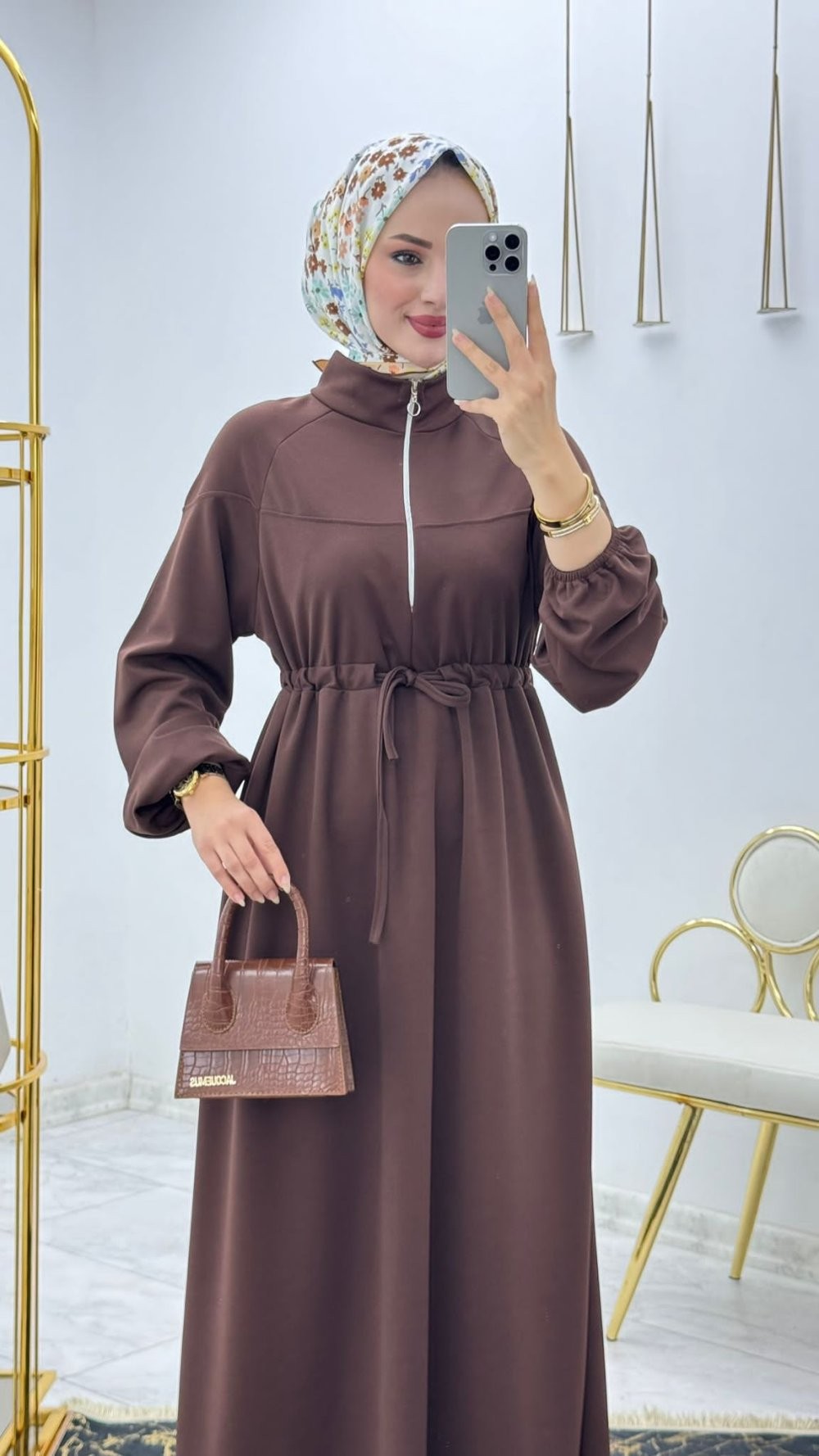 Kahve Nazlı Elbise Tesettür Giyim 