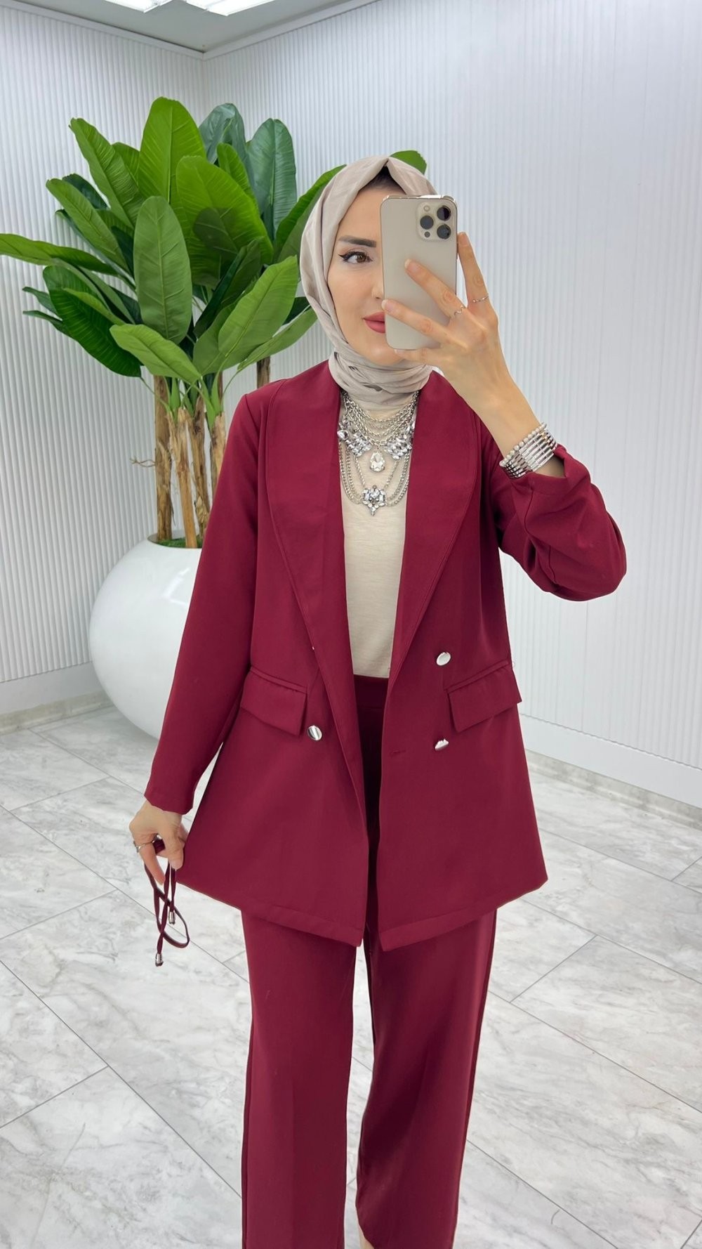 Bordo Hande Ceket Takım Tesettür Giyim