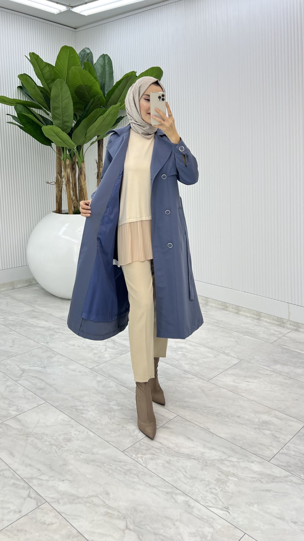 İndigo Premium Astarlı Eylem Trench Tesettür Giyim 