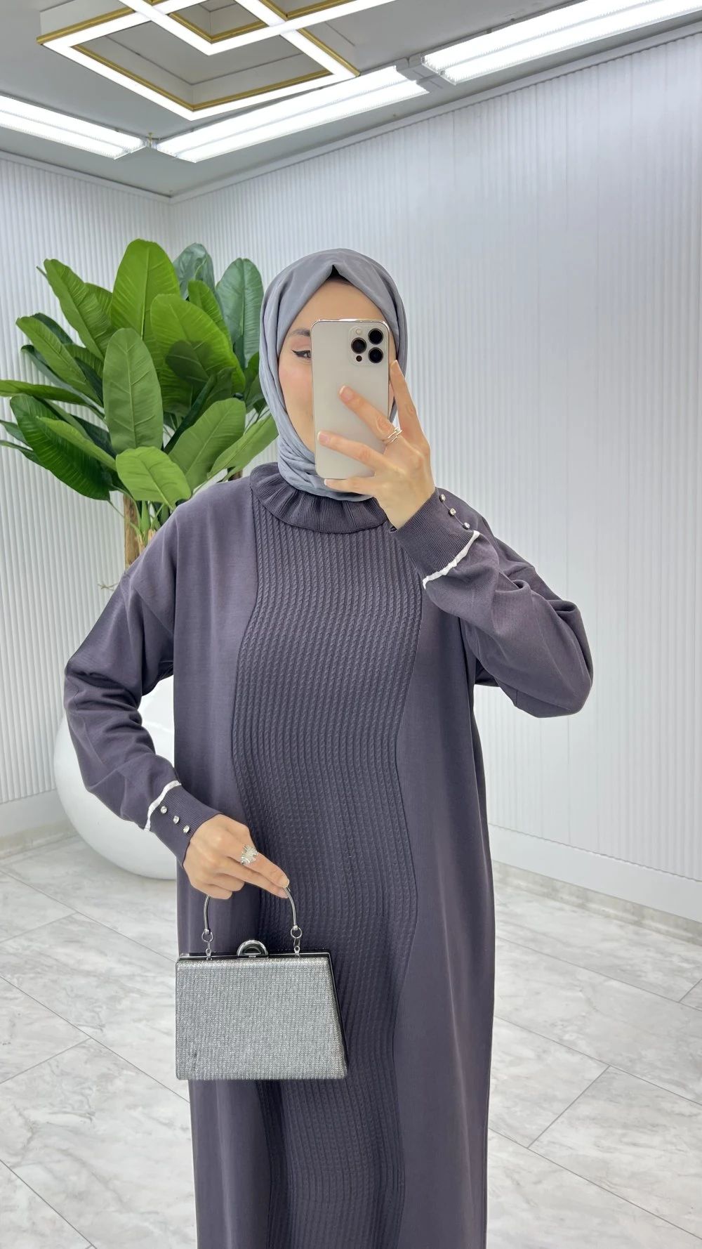 Antrasit Bensu Triko Elbise Tesettür Giyim 