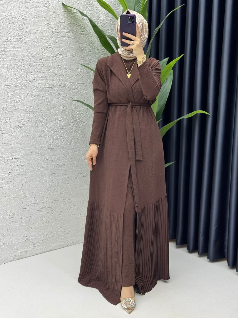 Kahve Premium Üçlü Helena Takım Tesettür Giyim