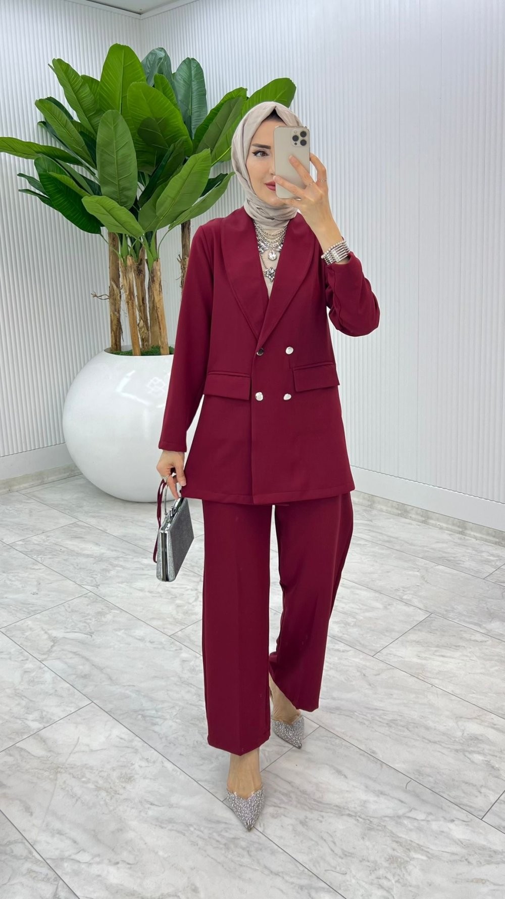 Bordo Hande Ceket Takım Tesettür Giyim