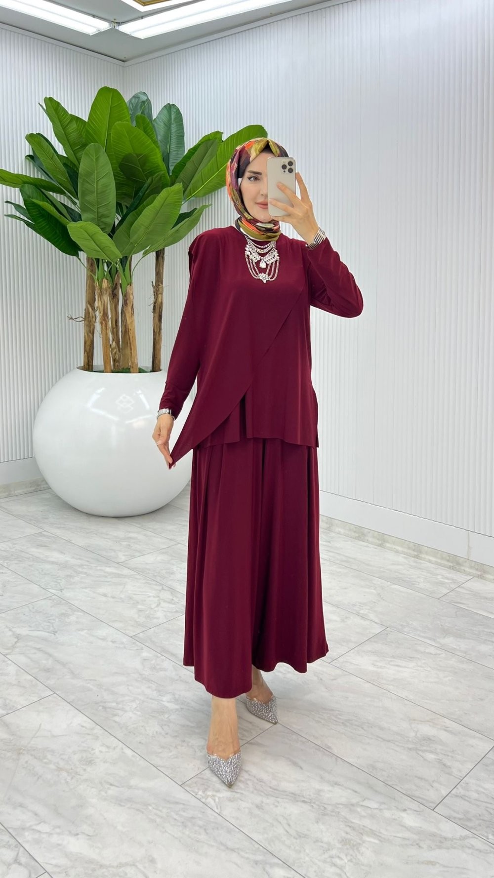 Bordo Asimetrik Takım Tesettür Giyim
