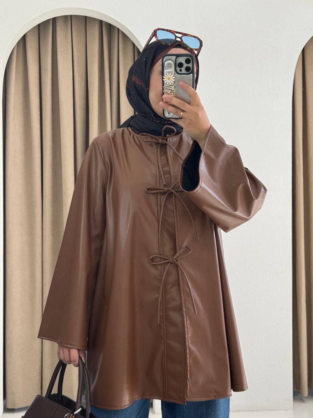 Bağlama Detaylı Uzun Deri Ceket