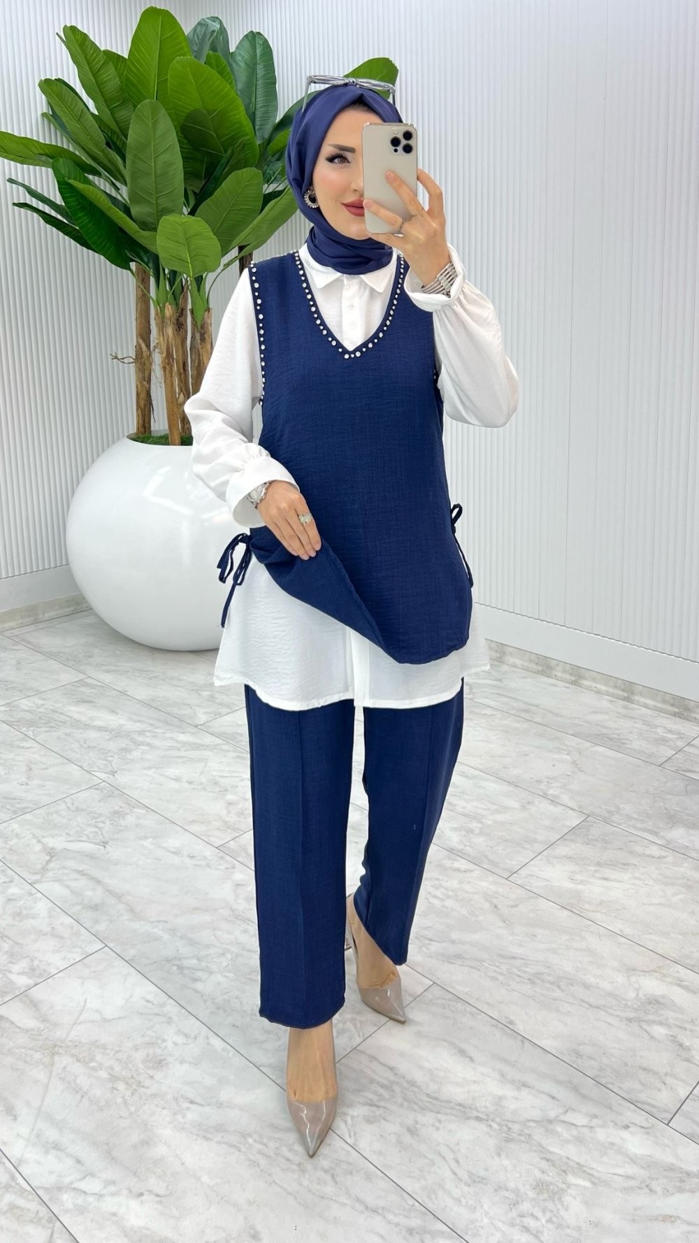 Lacivert Üçlü Çağla Takım Tesettür Giyim