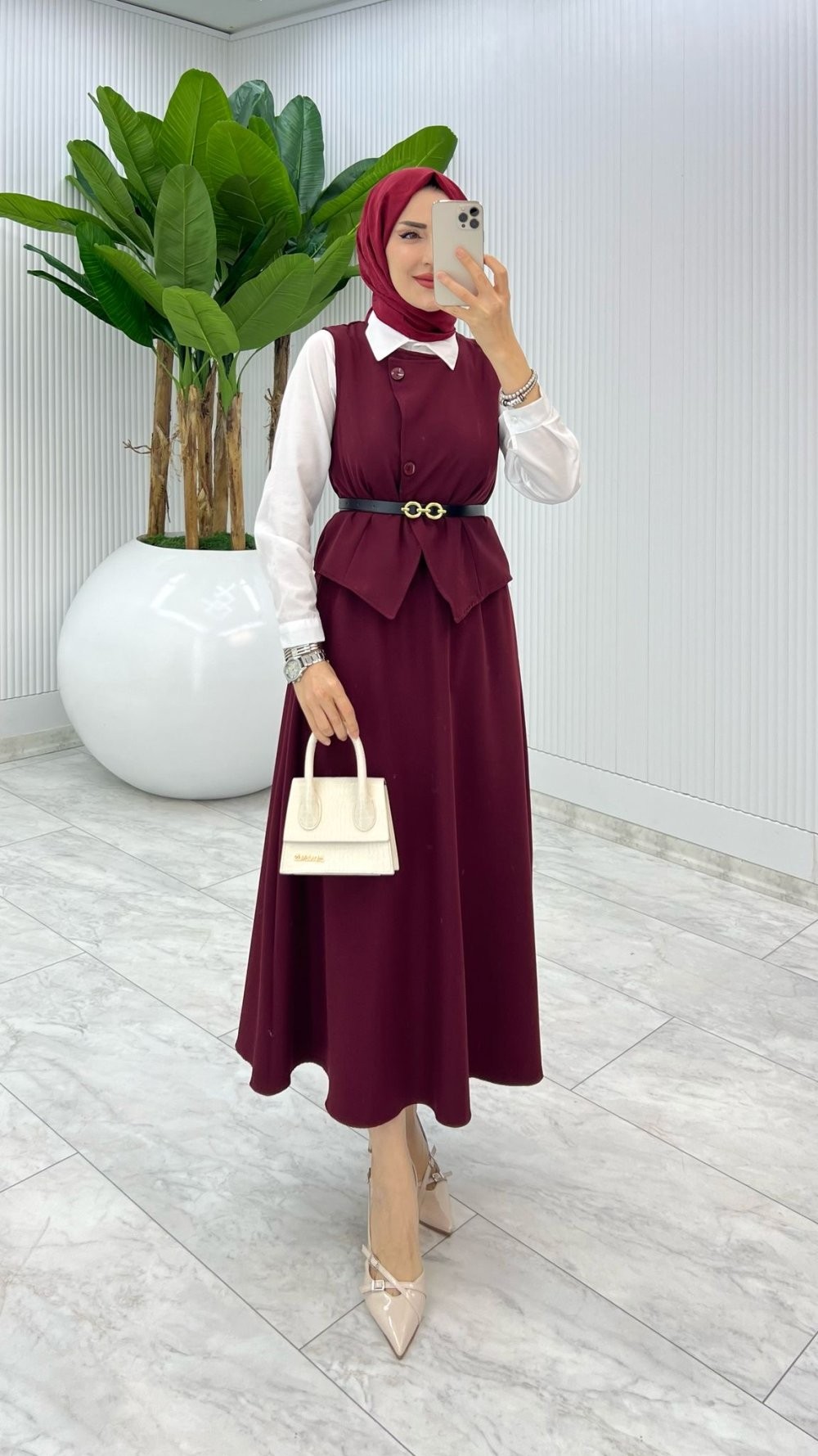 Bordo Kemerli Selvi Takım Tesettür Giyim