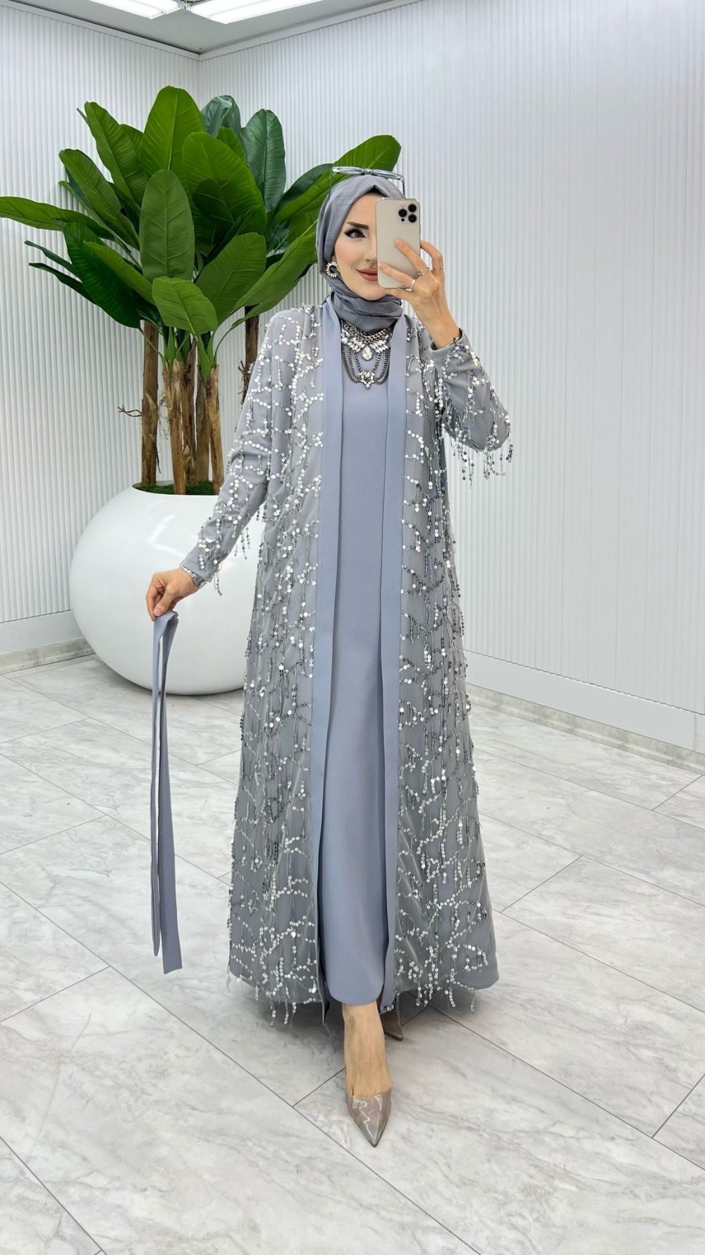 Gri Karen Tasarım Abaya Takım Tesettür Giyim