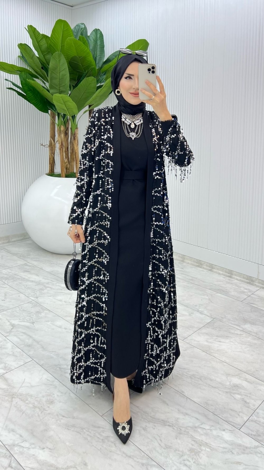 Siyah Karen Tasarım Abaya Takım Tesettür Giyim
