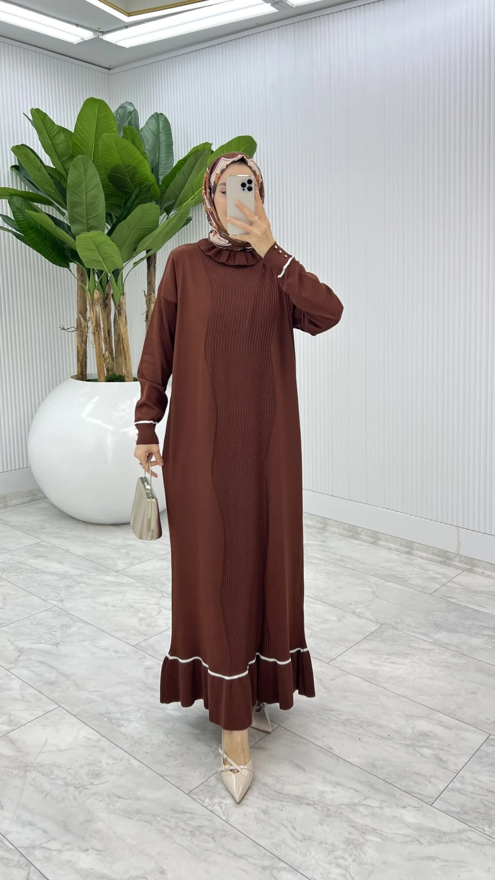 Kahve Bensu Triko Elbise Tesettür Giyim 
