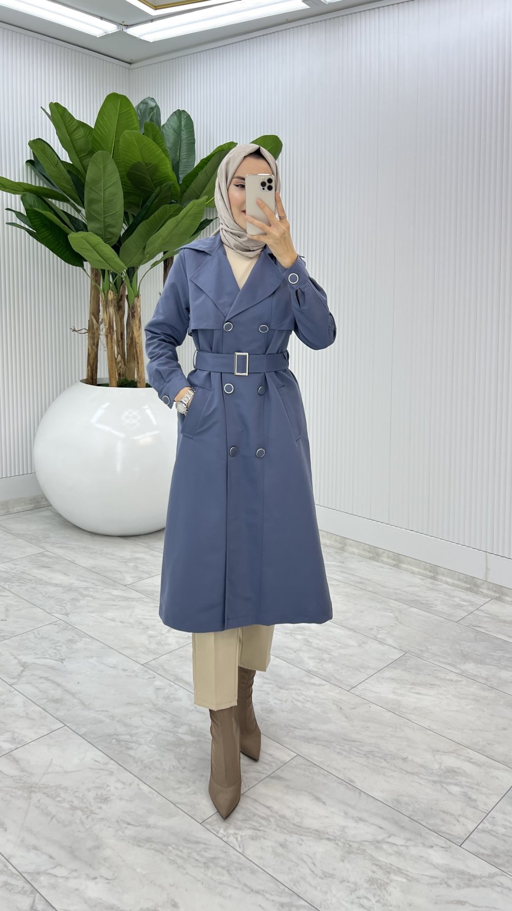 İndigo Premium Astarlı Eylem Trench Tesettür Giyim 