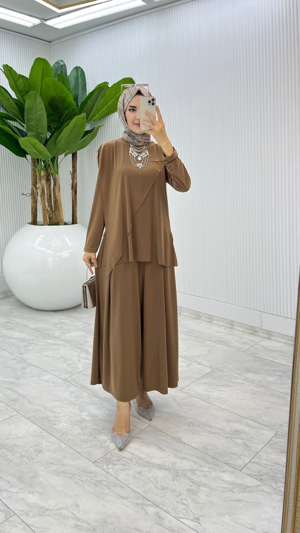 Camel Asimetrik Takım Tesettür Giyim