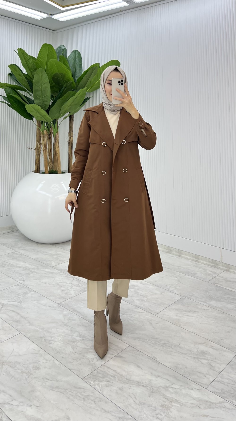 Kahve Premium Astarlı Eylem Trench Tesettür Giyim 