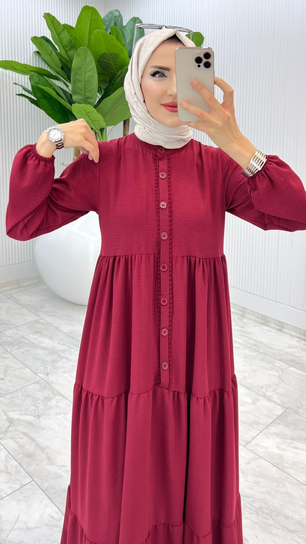 Bordo Dantelli Elbise Tesettür Giyim