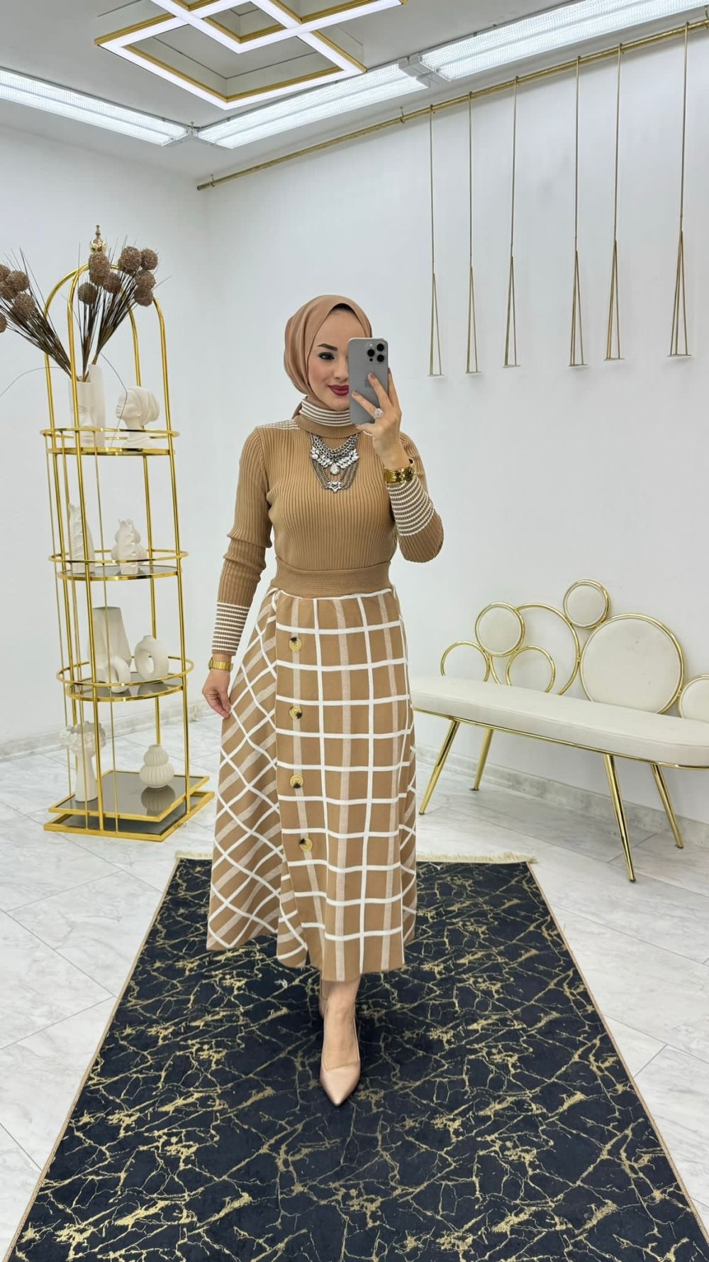 Camel Ekose Etek Takım Tesettür Giyim