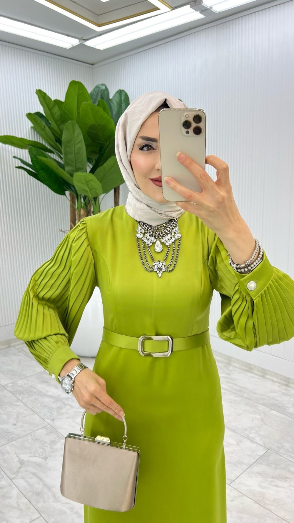 Yağ Yeşil Belçim Elbise Tesettür Giyim