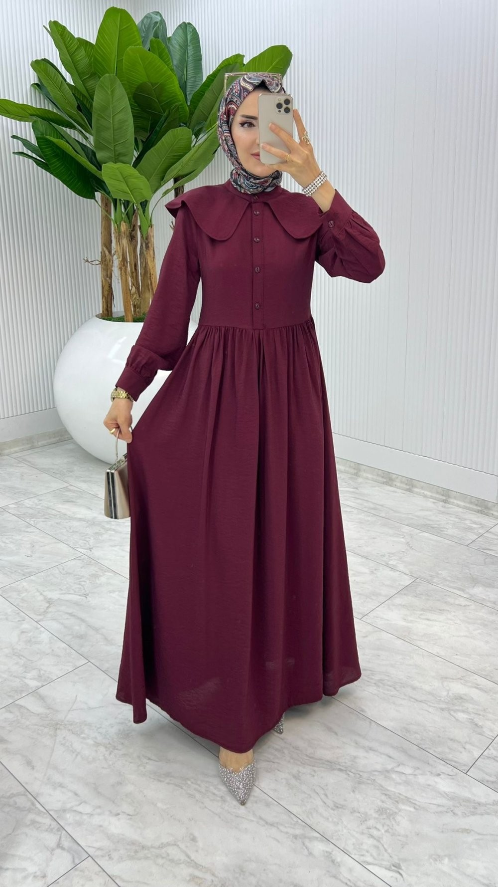 Bordo Premium Bebe Yaka Elbise Tesettür Giyim