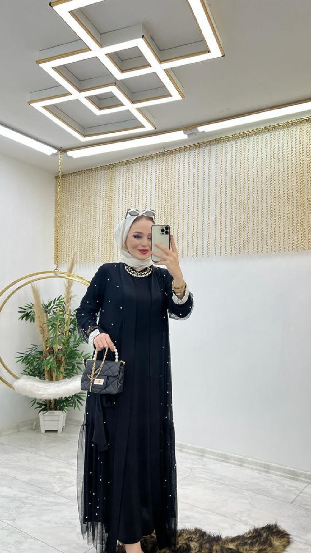 Siyah İncili Abaya Takım Tesettür Giyim 